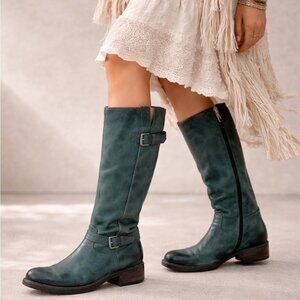 MJUS Teal Distressed Leather Tall Boots Buckle Zip Size 41 Boho Lagenlook Hippie